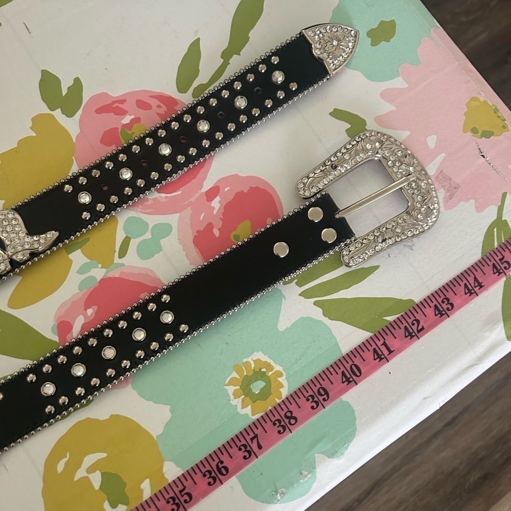 Genuine, leather ladies bling out black belt with rhinestone, cowboy boot detail